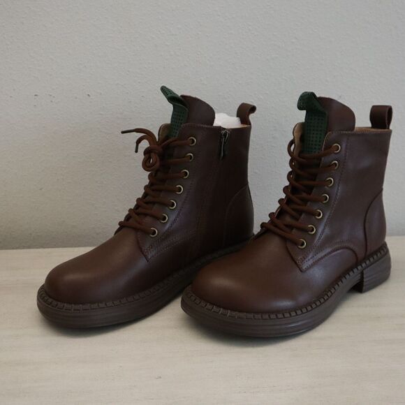 HZM 21DJL3138-1 Women Sz 40 US 9.5 Coffee Brown Leather Lace-Up Zip Combat Boots - Picture 4 of 9